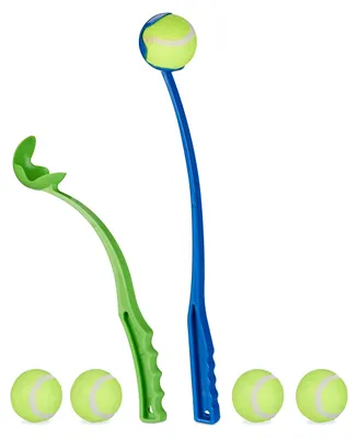 Produktbild von 20 x Ballschleuder für Hunde, Ballwerfer Set, inklusive 50 Tennisbälle, Ballwurfarm, Hundespielzeug Werfer, blau/grün