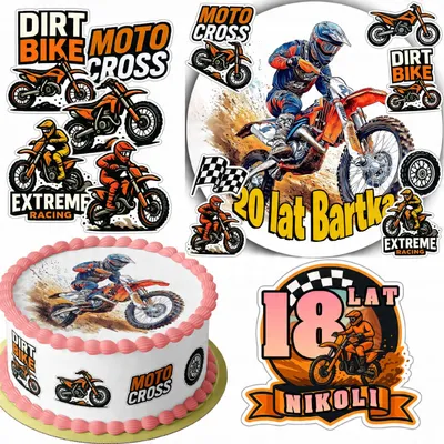 Obrázok produktu pre SADA DEKORÁCIÍ NA TORTU: 20 cm + 16 postavičiek – MOTOCROSS + meno (15 cm, 18 cm)