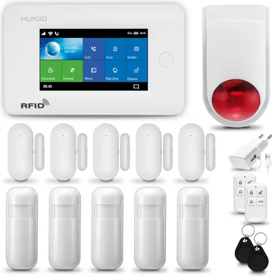 Produktbild von HUXGO HXA006 Alarmanlage Haus WiFi + GSM 2G mit Funk Sirene, Alarm System mit 5x Bewegungssensor und 5x Tür- Fenstersensor, Alarmanlage für Wohnung, Haus, Garage, Tuya Smartlife App