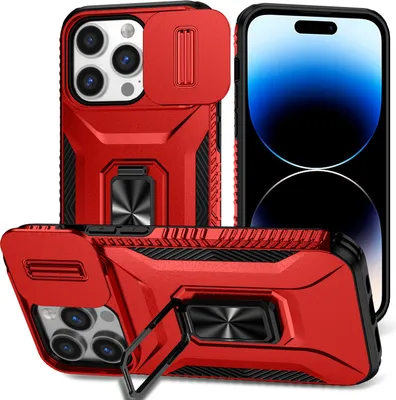 Image de Étui de protection militaire double couche pour iPhone 13 Pro avec protection coulissante de l'appareil photo et support/anneau rouge