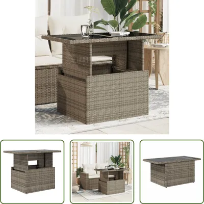 A collage of images showing a poly rattan garden table with a glass top in various settings and angles.