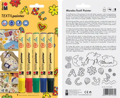 Produktbild von Marabu Textil Painter, 5er-Blister-Sortierung, 5 x 2-4 mm, Schwarz, Blau, Grün, Rot, Gelb, Mehrfarbig, 5 Farben, Rund, 4 mm, 6 Jahr(e)