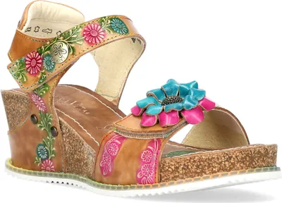 Produktbild von LAURA VITA Keilsandalette Bonito 03 beige Leder + Blume pink/türkis mit 2 Klettverschlüssen zum Anpassen Größe 36 EU