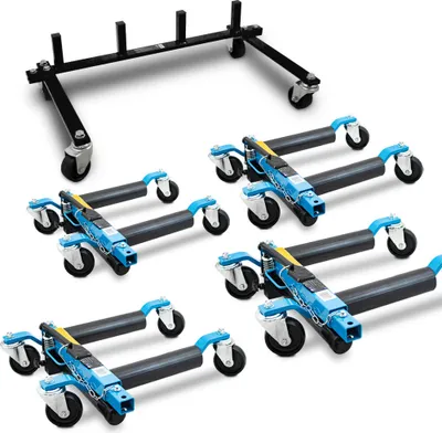 Produktbild von BITUXX 4 Stück PKW Rangierhilfe Blau Rangierheber hydraulisch bis 680 kg pro Rangierroller inklusive Transportständer MS-19386