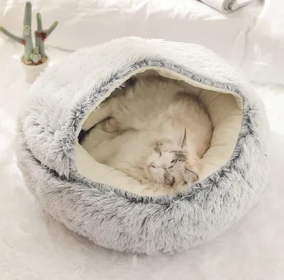 Produktbild von MCBOSON 2 in 1 Halbgeschlossenes Katzenbett, Warmes Haustiernest im Winter, Muschelförmiges Katzennest aus Plüsch, 40 × 40 cm, Grau