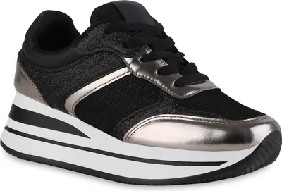 Produktbild von VAN HILL Damen Plateau Sneaker Metallic Schnürer Glitzer Profil-Sohle Schuh 840910, Farbe: Schwarz Bronze Metallic, Größe: 38