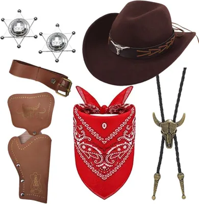 Imagen del producto de Conjunto de accesorios para disfraz de vaquero, de 7 piezas, que incluye sombrero, bandana, funda y es adecuado para adultos