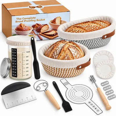 Produktbild von 21-teiliges Gärkörbchen Set aus Baumwollseil, 25 cm Rund & 30 cm Oval, Brotbackset mit 730 ml Sauerteig Starterglas & Backzubehör