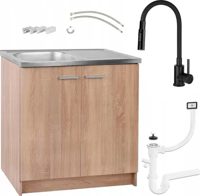 A kitchen cabinet with a sink, faucet, and plumbing accessories, presented against a white background.