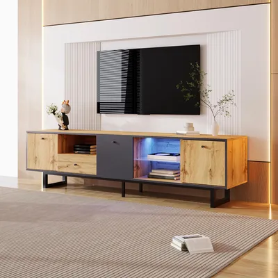 Image de MODFU Meuble TV avec Compartiments Ouverts, Éclairage LED et Tiroir Central, Design Contemporain 190x40x50 cm, Bois et Gris