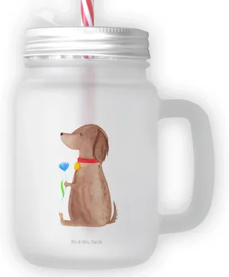 Produktbild von Mr. & Mrs. Panda Glas Hund Blume - Transparent - Geschenk, Becher mit Strohhalm, Hunde, Trinkglas Deckel, Sprüche, Süß, Niedlich, dessertglas