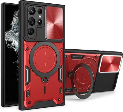 Produktbild von Handyhülle für Samsung Galaxy S22 Ultra 5G Dual-Layer Stoßfest Rüstung Hülle mit Dia Kameraschutz und Kreisförmig Ring Ständer Rot