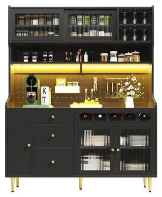 Image de Armoire haute avec plan de travail et éclairage LED, étagère à vin, dimensions : 145 x 39 x 171 cm, couleur : noir