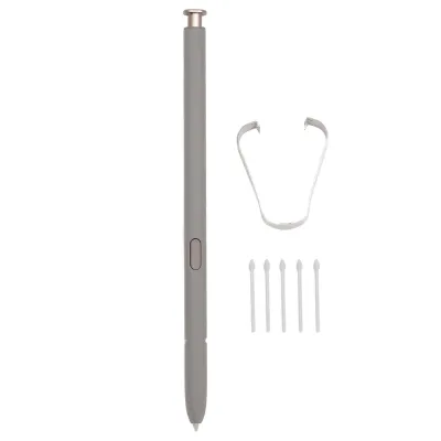 A stylus pen and its accessories are laid out on a white background.