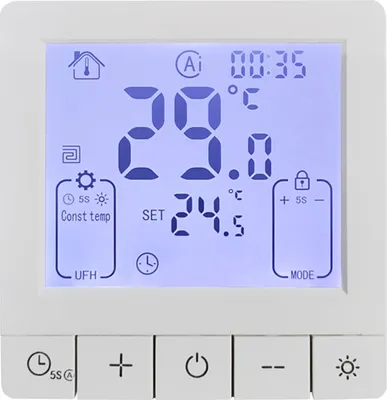 A digital thermostat display with temperature and time information.
