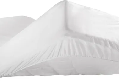 A close-up shot of a white mattress protector with stitched detailing visible on the underside.
