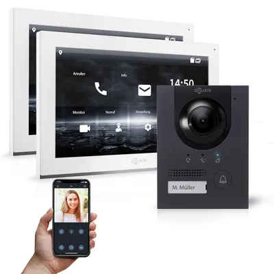 Produktbild von GOLIATH IP Unterputz Video Türsprechanlage Set für 1 Familienhaus (Anthrazit 180° Türstation, 2x10" Touchscreen Monitor Weiß, App)