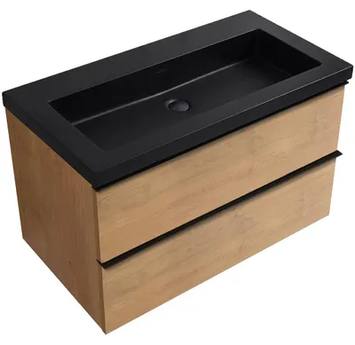Productafbeelding van Badkamermeubel Velora - notenhoutkleur, zwarte handgreep + wastafel van gietmarmer Ovo - mat zwart - 80,5x58x46,5 cm