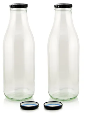 Milch Glasflaschen transparent im Set mit 2 Flaschen und Ersatzdeckeln schwarz