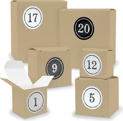Produktbild von Adventskalender zum Füllen 24x Quader Würfel gemischt BRAUN + Sticker (V02 Z04)