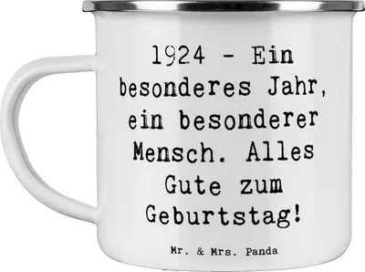 Produktbild von Mr. & Mrs. Panda Pott Spruch 1924 Geburtstag - Weiß - Geschenk, Emaille Tasse, Alter, Happy Birthday, Haferl, Nostalgie, Campingtasse, Teetasse, Jahr, nostalgischer