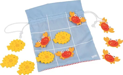 Produktbild von goki 56771 Tic Tac Toe Spiel Holz, 10 Spielsteine, mit Baumwollbeutel, blau/rot/gelb