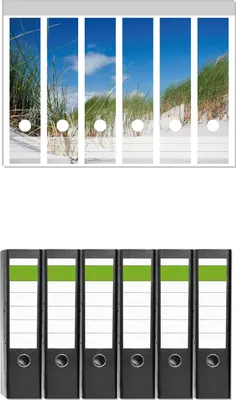 Produktbild von Wallario 6 Stück breite Ordner inkl. Klebeetiketten mit Motive Düne am Strand unter blauem Himmel -  Set mit Rückenschildern / Ordnerrücken Stickern