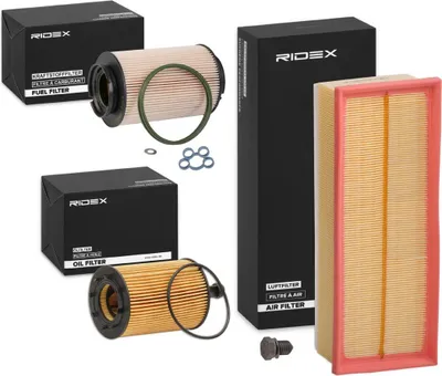 Produktbild von RIDEX Filterset Inspektionspaket Filtersatz für VW Golf VII Schrägheck (5G1, BQ1, BE1, BE2) GOLF VI (5K1) Golf V Schrägheck (1K1) TOURAN (1T1, 1T2)