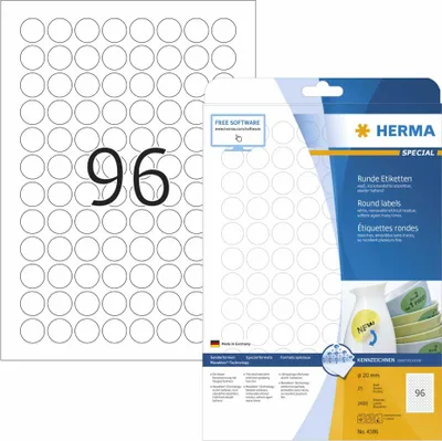 Image de HERMA Special - Papier - mat - adhésif, facile à retirer - blanc - 20 mm rond 2400 étiquette(s) (25 planches x 96) d'étiquettes