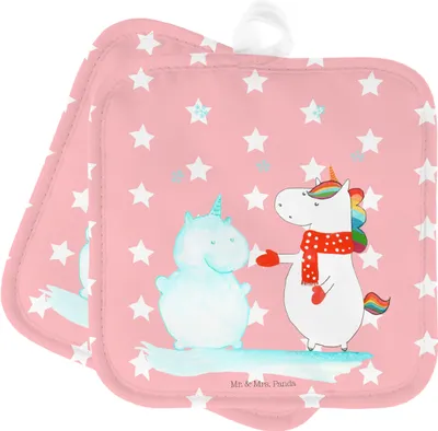 Produktbild von Mr. & Mrs. Panda Topflappen Einhorn Schneemann - Rot Pastell - Geschenk, Weihnachten, Winter, Ofenlappen, Schnee, topfhalter, Kochlappen, Handschuhe, Unicorn, kalt, Set