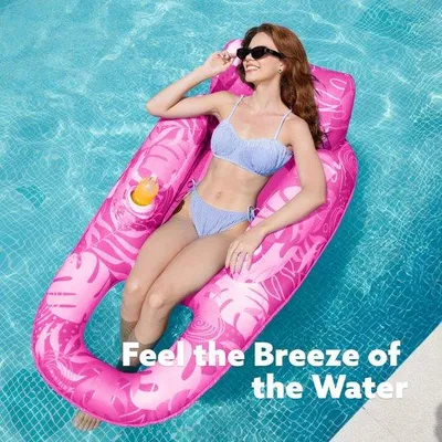 Produktbild von Unyqoos® Aufblasbare Pool-Liege – Luxus-Lounger mit Rückenlehne & Fußstütze, Doppel-Becherhalter, Mesh-Sitz, PVC, 139,7 x 80 x 43,2 cm, tropisch blau