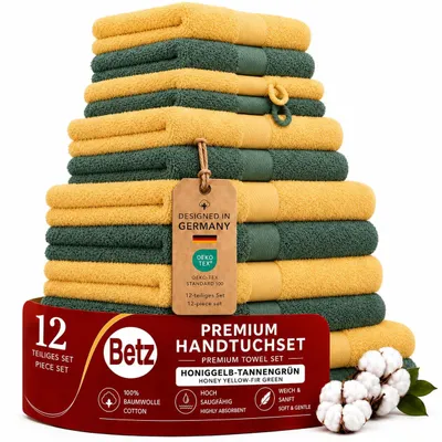 Produktbild von Betz 12-tlg. Handtuch-Set PREMIUM 2 Duschtücher 4 Handtücher 2 Gästetücher 2 Seiftücher 2 Waschhandschuhe  Farbe: honiggelb / tannengrün