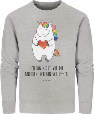 Produktbild von Mr. & Mrs. Panda Bio Baumwoll Pullover Einhorn Herz Größe XL - Heather Grey - Geschenk, Sweater, Unicorn, Freundin, Einhörner, Sweatshirt, Pulli, Lustig