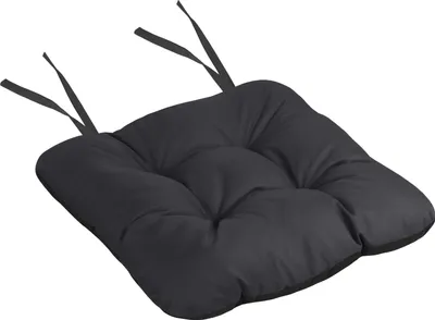 A dark gray seat cushion with ties, isolated on a white background.
