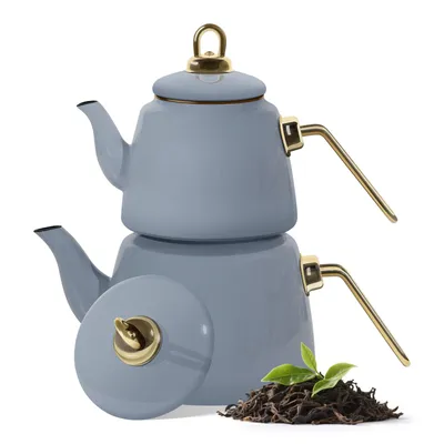 Produktbild von Homelux Teekanne Set, Wasserkessel Induktion Teekocher aus Emaille, Induktionsgeeignet, 2L+1L, Türkische teekanne, Caydanlik, Hellblau