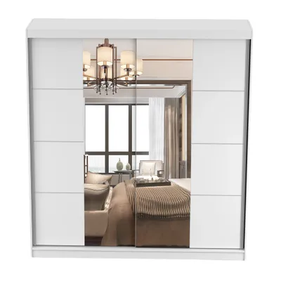 Produktbild von Schwebetürenschrank Kleiderschrank Schrank 203cm Weiß/Weiß mit Spiegeln und Zierleisten Pola 38