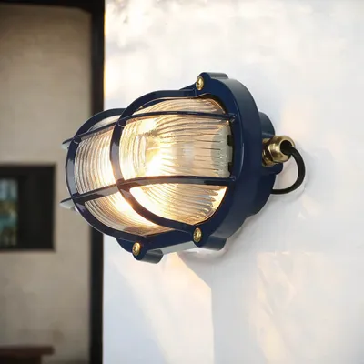 Produktbild von Wandleuchte außen Messing Glas E27 IP64 B: 21 cm Blau Maritim Außenlampe Wand Keller Feuchtraum