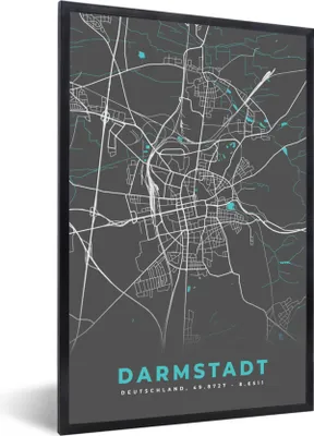 Produktbild von MuchoWow® Gerahmtes Poster Darmstadt - Stadtplan - Blau - Karte - Deutschland 20x30 cm - Poster mit Schwarzem Bilderrahmen Wandposter Rahmen Foto Bilder - Drucken - Bilder Poster im Rahmen