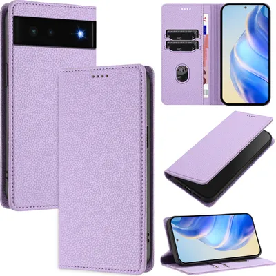 Produktbild von Litchi Leder Handyhülle für Google Pixel 6 Wallet Kartenfächer Standfunktion Hülle Violett