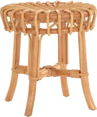 A close-up shot of a round stool made of natural rattan.