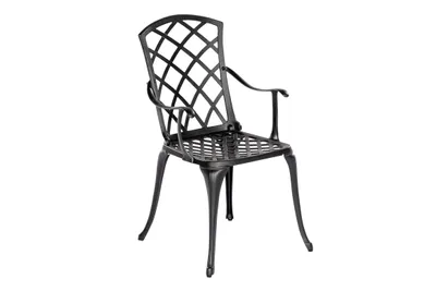 A single black metal chair is shown against a white background.