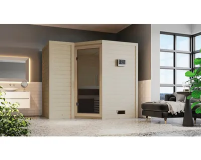 Produktbild von Massivholzsauna Karibu Melanit 2 ohne Ofen und Dachkranz mit graphitfarbiger Ganzglastüre