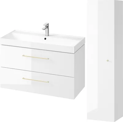 Produktbild von BADLAND Badmöbel Set LARGA 100 Waschbecken-Unterschrank, Hochschrank 160, Türen mit Spiegel, Weiß, Golden Möbelgriffe