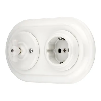 Immagine prodotto di Presa di corrente retrò in porcellana da incasso, interruttore rotante, 2 ingressi, tutto in uno, serie SET PR1 bianco