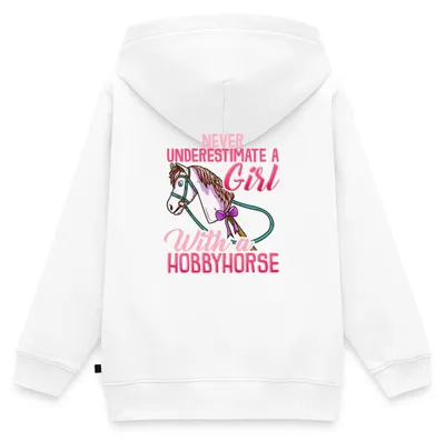 Produktbild von Spreadshirt Never Underestimate A Girl With A Hobbyhorse Kinder Premium Hoodie, 98/104 (2 Jahre), Weiß
