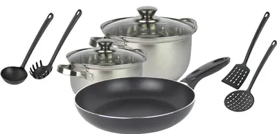 Produktbild von 9-tlg. Basic Kochset, Küchen Starterpaket, 4-teiliges Topfset, Bratpfanne, 4-teiliges Küchenhelferset - alle Herdarten außer Induktion