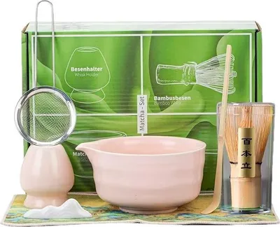 Produktbild von Japanisches Matcha-Set 4-teilig, rosa, mit Schale & Bambus-Schneebesen für Teezeremonie