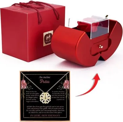 Immagine prodotto di Da marito a moglie - Collana simbolica 2in1 con cuore e quadrifoglio dal design trasformista, amore e felicità in un sacchetto regalo a forma di mela - ALAYA_CLOVERIE_APPLEROSE