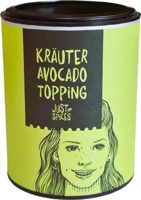 A product shot of a cylindrical container with a drawing of a woman's face and text on the front.