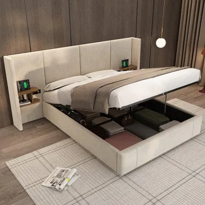 Image de Lit hydraulique 160 x 200 cm avec port USB, deux tables de chevet avec rangement, fond en bois, montage facile, beige